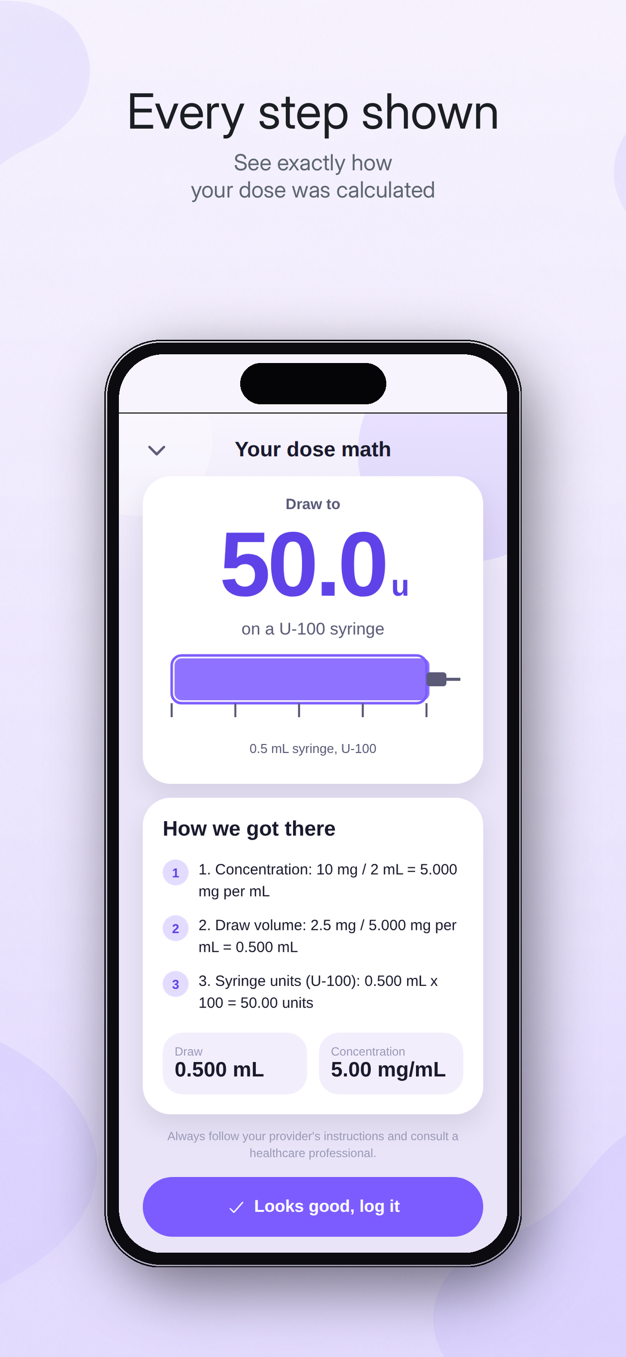 DosePilot result: 50.0 units with full calculation shown